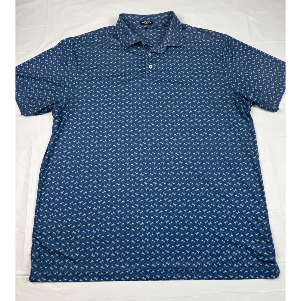 Vivid Golf Mens XL Blue Martini Glass Print Performance Polo Shirt Short Sleeve